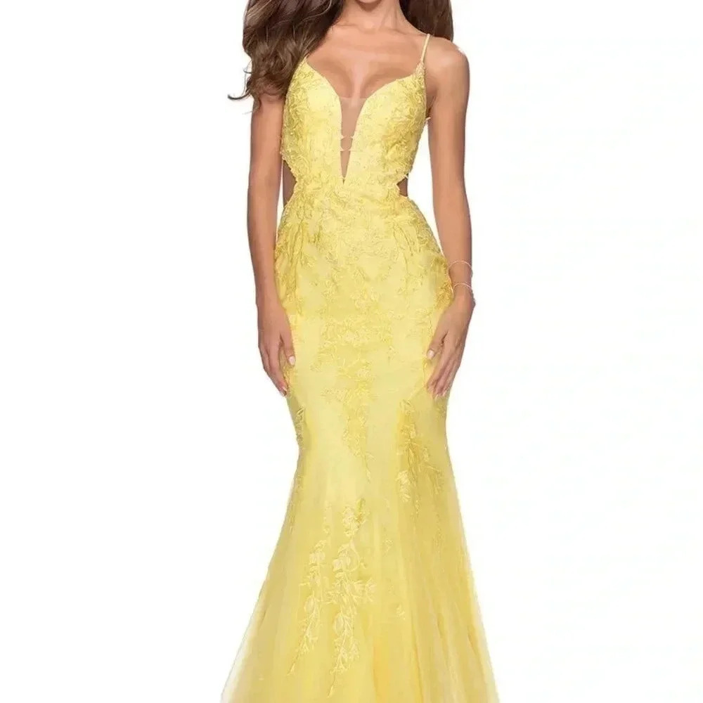 La Femme yellow sheer lace mermaid gown
